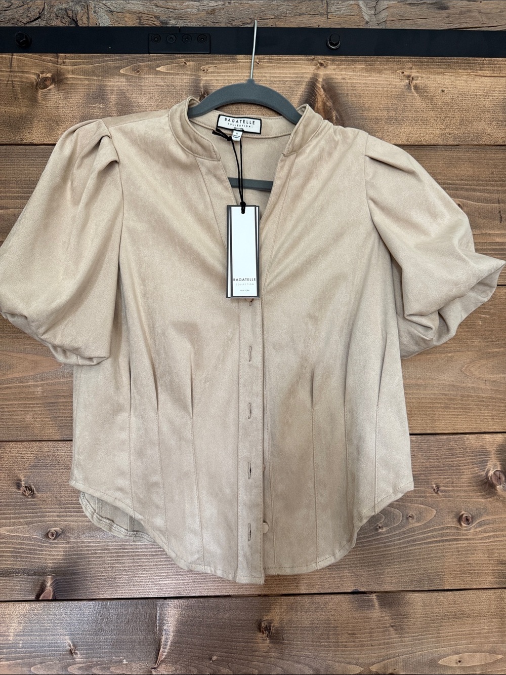 Bagatelle Faux Suede Puff-Sleeve Button Front Blouse